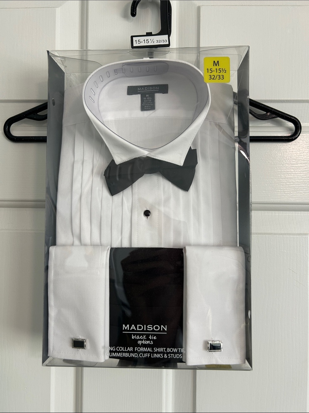 Madison White Pleated Dress Shirt with Black Bow Tie